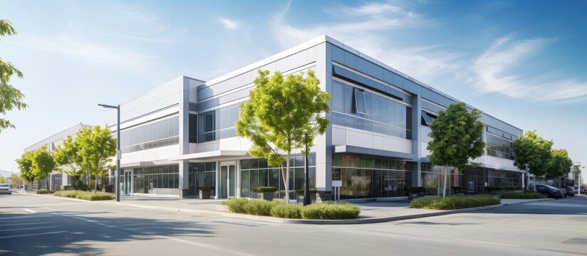 Contemporary commercial office building with parking lot on a sunny day