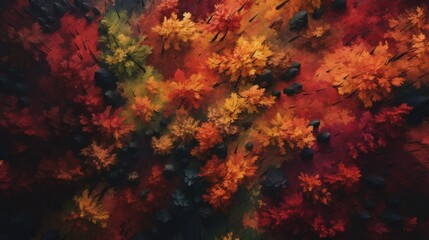 Obraz na płótnie Canvas A mesmerizing aerial view of a dense forest, its canopy ablaze with the fiery reds of wild grape leaves, painting an autumnal masterpiece.