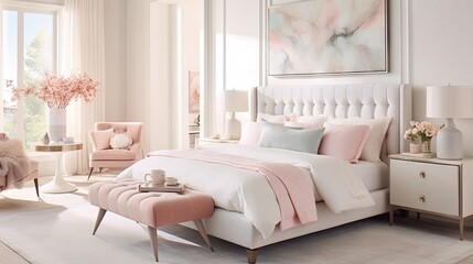  a bedroom with a large window and a bed with pink and white bedding.  generative ai