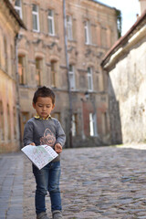 Happy boy kid traveling smiling