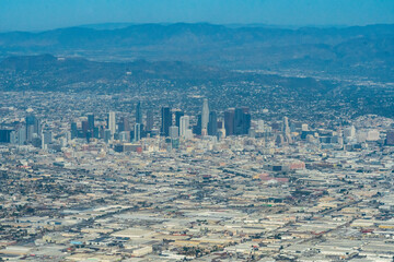 Aerial view of Los Angeles, California, the 110 Highway, San Gabriel Mountains