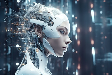 Cybernetic woman representing the concept of artificial intelligence - obrazy, fototapety, plakaty