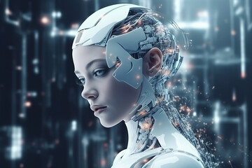 Cybernetic woman representing the concept of artificial intelligence - obrazy, fototapety, plakaty