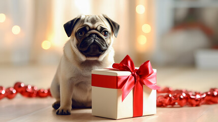 A charming beige pug posing next to a Christmas gift adorned with a red bow in a bright and festive home setting, complete with bokeh background and ample text space.