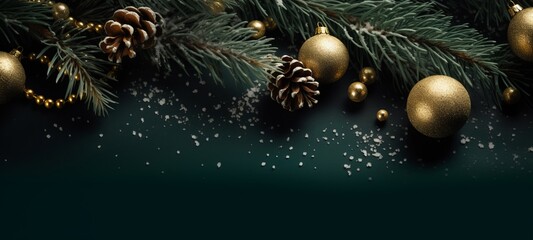 Obraz na płótnie Canvas Merry Christmas, festive celebration holiday holidays greeting card - Gold ornaments ( christmas baubles balls, pine branches and cones ) on dark green table background, top view flat lay