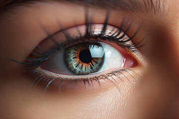Obraz premium Macro photography of pupil with iris of female eye with large eyelashes mascara painted