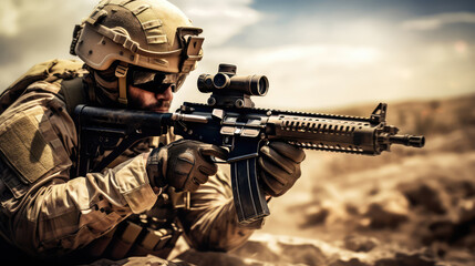 Fototapeta na wymiar United States Navy special forces soldier in action with assault rifle on mission