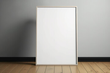 Horizontal black frame poster mockup. Grey wall, wooden floor, empty frame. Copy/picture space. Minimalist. Generative AI