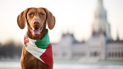Naklejka premium Happy smiling hungarian vizsla dog wearing national flag of Hungary at background of the sights of Budapest