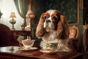 Fotobehang Funny cavalier king charles spaniel dog drinking  a cup of traditional english tea in royal palace © Neira