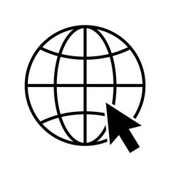 Go to website icon with globe and mouse. Click to visit to internet, browse webpage. World wide pictogram. editable stroke. vector .