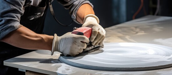 A person wearing work clothes and gloves uses an angle grinder to polish a marble slab With copyspace for text