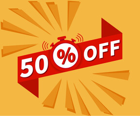50% OFF discount badge on promotional background. Special advertising red offer tag. vector illustration.