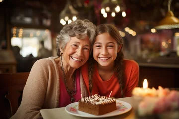 Fotobehang grandmother with her nephew girl celebrate happy birthday cake greeting happiness party together in living room at home  © VERTEX SPACE