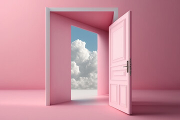 Ultra HD 4K. Pink Sky-facing room with the door open. The portal to heaven. Generative AI
