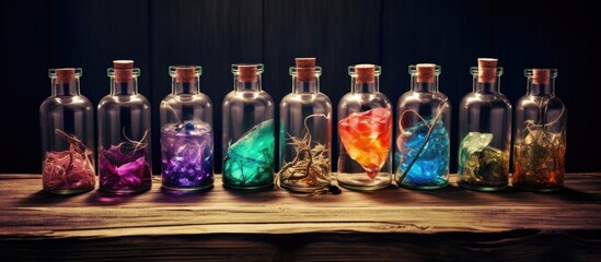 Glass bottles filled with magical potions displayed on an antique wooden table Ample room for notes With copyspace for text