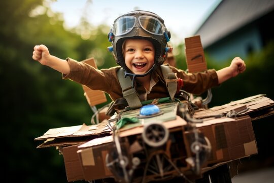 child boy play as a pilot while controling paprt cardbox airplane handmade aircraft playing cun cosplay costume casual relax playrole of a happiness child boy lifestyle