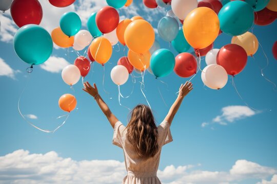 celebrate greeting happiness surprise yound woman enjoy cheerful smiling outdoor beautiful summertime ffreshness moment with colorful balloon background