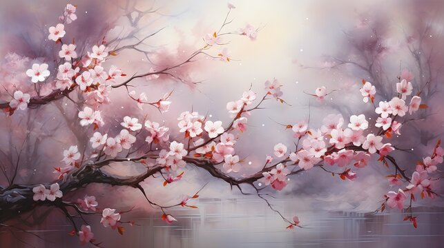 cherry blossom tree bird sitting branch moody misty flowing feeling furry floating bouquets begin again oil