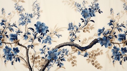  a blue and white floral wallpaper with a tree branch.  generative ai
