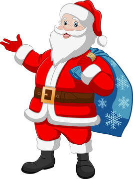 Cartoon Cheerful Santa Claus with a Bag of Gifts. Christmas Vector Illustration