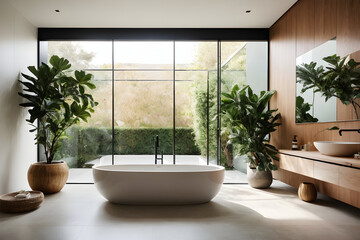 Fototapeta premium A sleek and minimalist bathroom with a standalone bathtub and shower, featuring a long sink and a vibrant ficus plant Generative Ai.