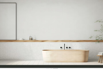 Japanese minimalist bathroom, blurred background. Wooden washbasin and tub. Panorama, wall mockup. Farmhouse interior, illustration. Generative AI