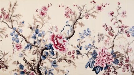  a floral wallpaper with pink and blue flowers on a white background.  generative ai