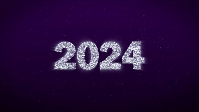 New Year 2024 sparkling silver animated numbers on dark blue background. Horizontal silver fireworks.