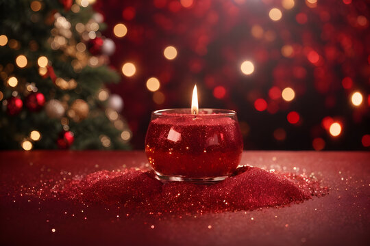 Christmas Candle And Decorations Arrange With Red Theme.