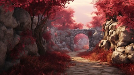 A winding path flanked by wild grape-covered stone walls, their red leaves forming a striking corridor of autumnal splendor.