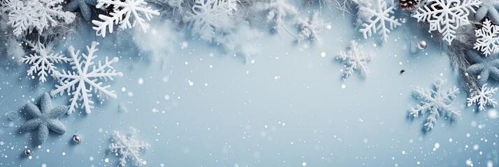 Winter magical background for lettering, magical snow-covered snowflakes, empty space.