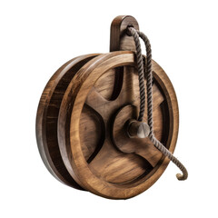 Vintage wooden pulley isolated on transparent background.