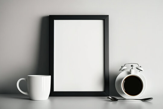 A blank canvas, a cup of coffee, and an alarm. a mockup. Generative AI