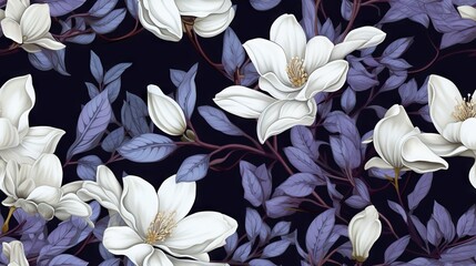  a bunch of flowers that are on a black background with purple leaves.  generative ai