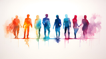 Crowd of people silhouette colorful watercolor illustration 