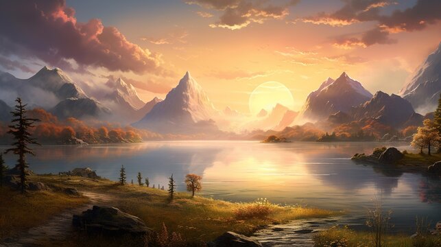  a painting of a beautiful sunset over a lake with mountains in the background.  generative ai