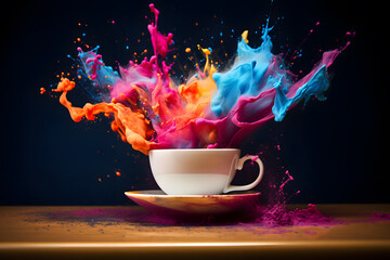 Colored powder falling in to coffee cup. Colorful splash