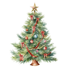 A decorated Christmas Tree, Watercolor Illustration, Handpainted Style, Isolated Transparent Background, Cutout PNG, Decoration & Events, Aquarell Painted Art, Generative AI
