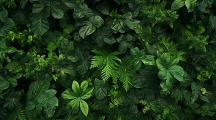 Bird's eye view of a dense tropical canopy, with a mesmerizing array of various green leaf shapes and sizes.