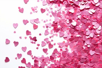 Heart-shaped sparkling confetti on a white background perfect for Valentine's Day. Generative AI