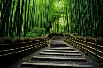 Fototapeta premium Twisting bamboo path winding through a Japanese jungle. The image manages to seize the quietude that the natural world propagates. Generate Ai