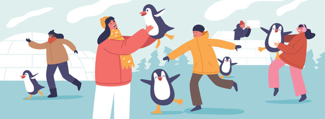 Joyful Children Boys and Girls Characters Play Alongside Penguins In The Snowy Wonderland Near A Cozy Igloo