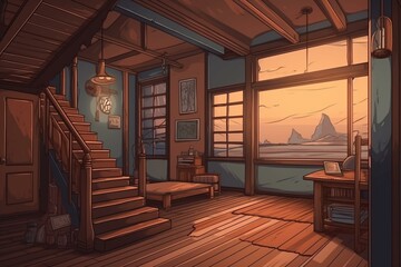 Illustration of anime-style house and interior backgrounds. Generative AI