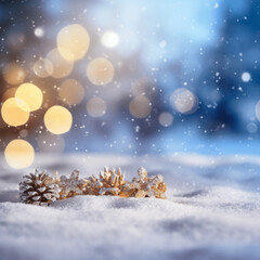Fototapeta na wymiar Weihnachtswinterhintergrund mit Schnee und unscharfem bokeh. Grußkarte der für frohe Weihnachten