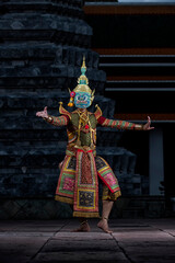 Fototapeta na wymiar Art culture Thailand Dancing in masked khon in literature Ramayana, Thailand culture Khon, Vintage style, Thailand