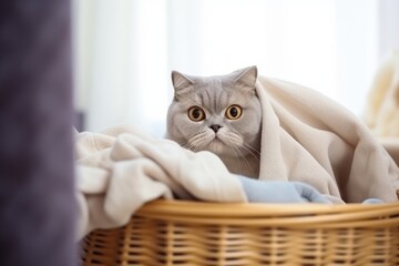 cute lovely animal cat play hide and seek in laundry cloth basket at home living with dog at home