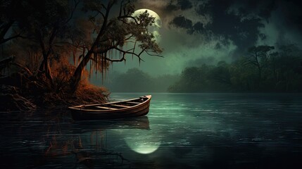  a boat floating on top of a lake under a full moon.  generative ai