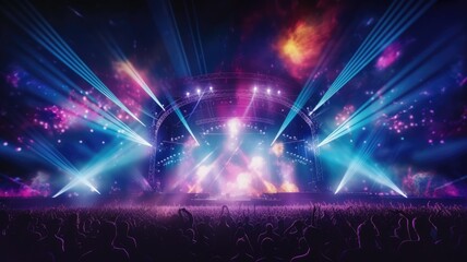 Large concert stage in music festival at night with crowd people cheering the concert