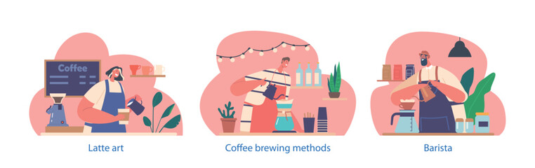 Isolated Elements With Skilled Barista Characters In Coffee Shop Expertly Crafts Artisanal Coffee Creations, Vector